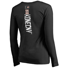 NHL Black Travis Konecny Philadelphia Flyers Women's Backer Name & Number Slim Fit Long Sleeve V-Neck T-Shirt