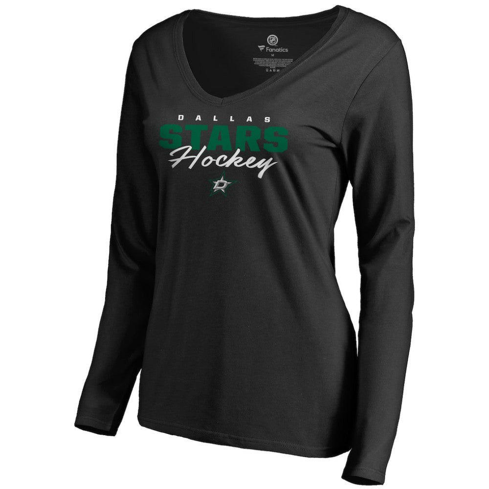 NHL Black Dallas Stars Women's Iconic Collection Script Assist Long Sleeve V-Neck T-Shirt
