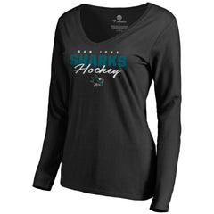 NHL Black San Jose Sharks Women's Iconic Collection Script Assist Long Sleeve V-Neck T-Shirt