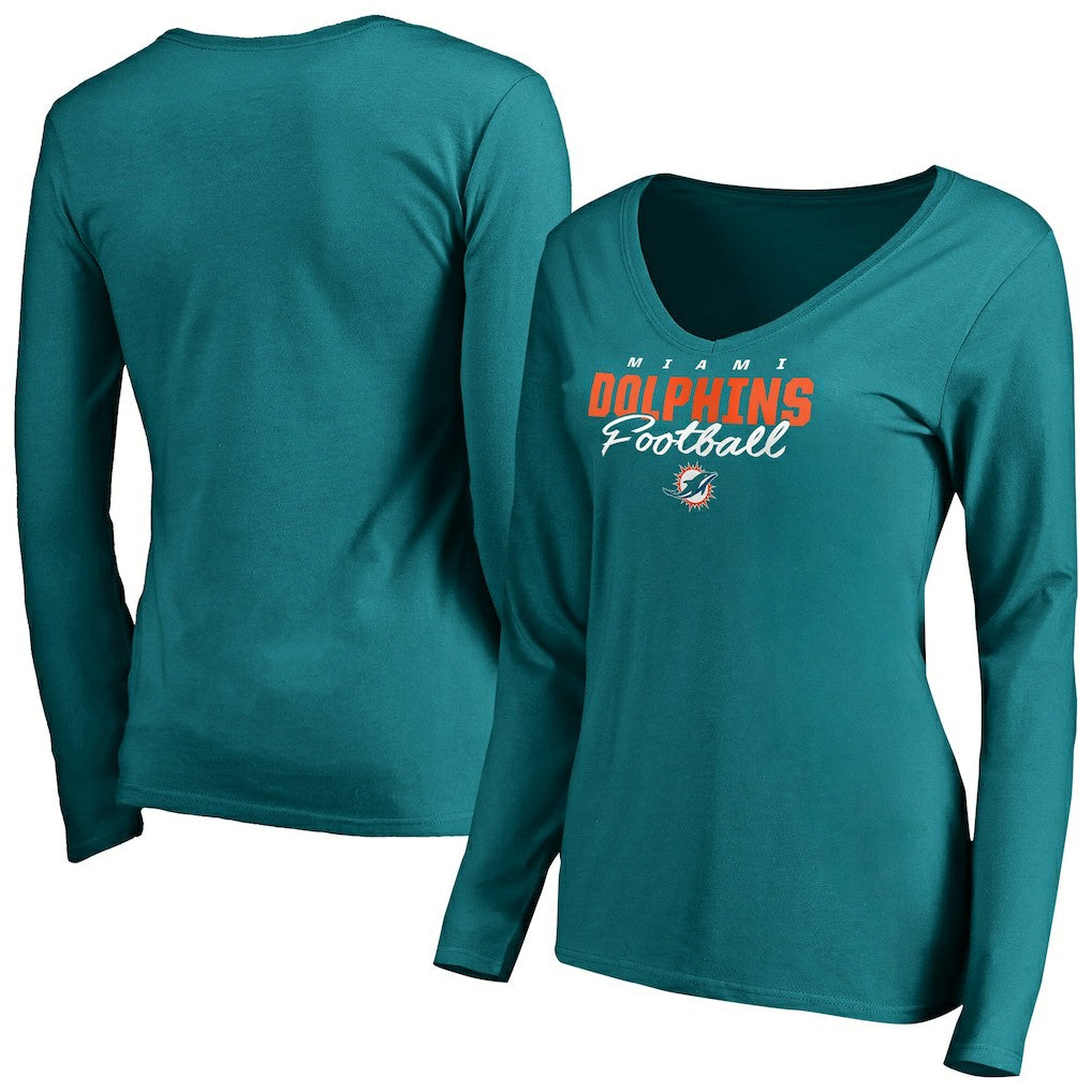 Women's Iconic Collection Script Assist Long Sleeve V-Neck T-Shirt - Miami Dolphins