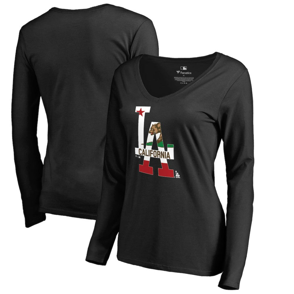 MLB Los Angeles Dodgers Women's Hometown Collection Cali Flag Long Sleeve V-Neck T-Shirt