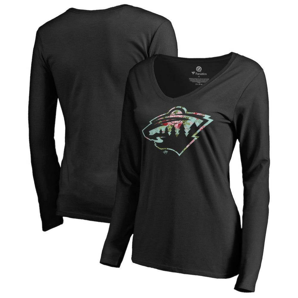 NHL Black Minnesota Wild Women's Lovely Long Sleeve V-Neck T-Shirt