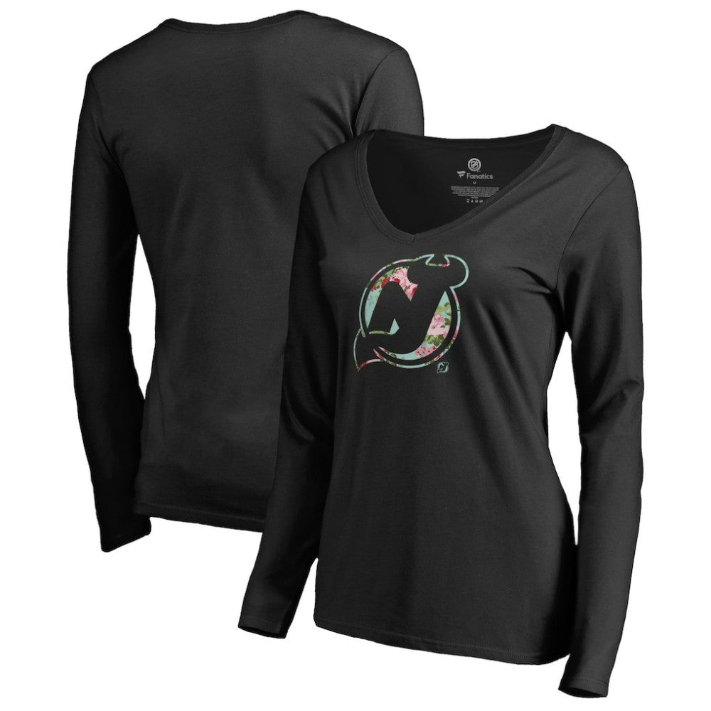 NHL Black New Jersey Devils Women's Lovely Long Sleeve V-Neck T-Shirt