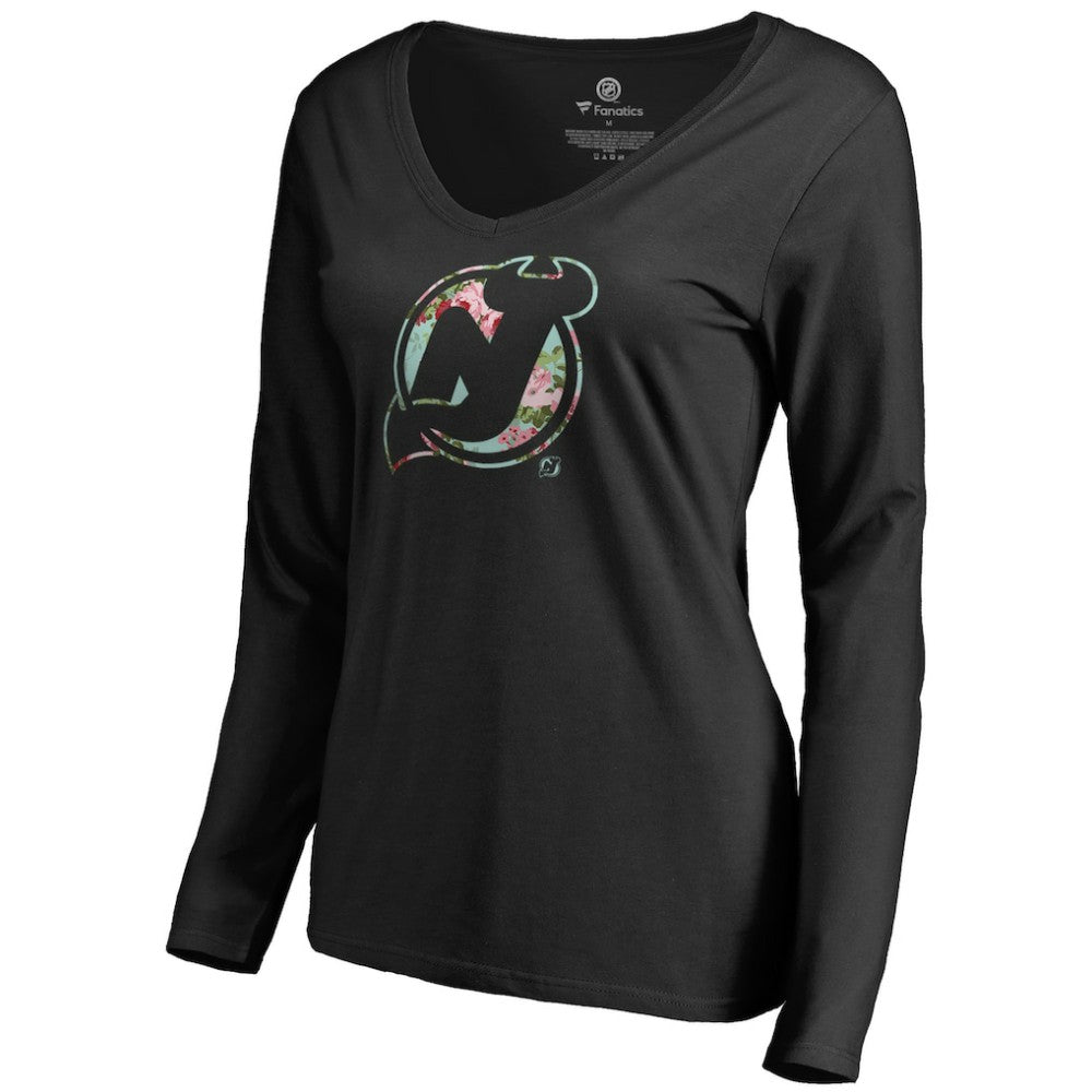 NHL Black New Jersey Devils Women's Lovely Long Sleeve V-Neck T-Shirt