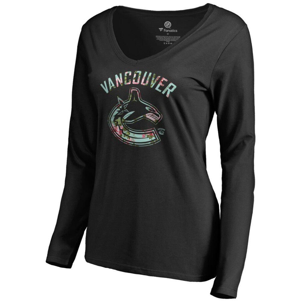 NHL Black Vancouver Canucks Women's Lovely Long Sleeve V-Neck T-Shirt