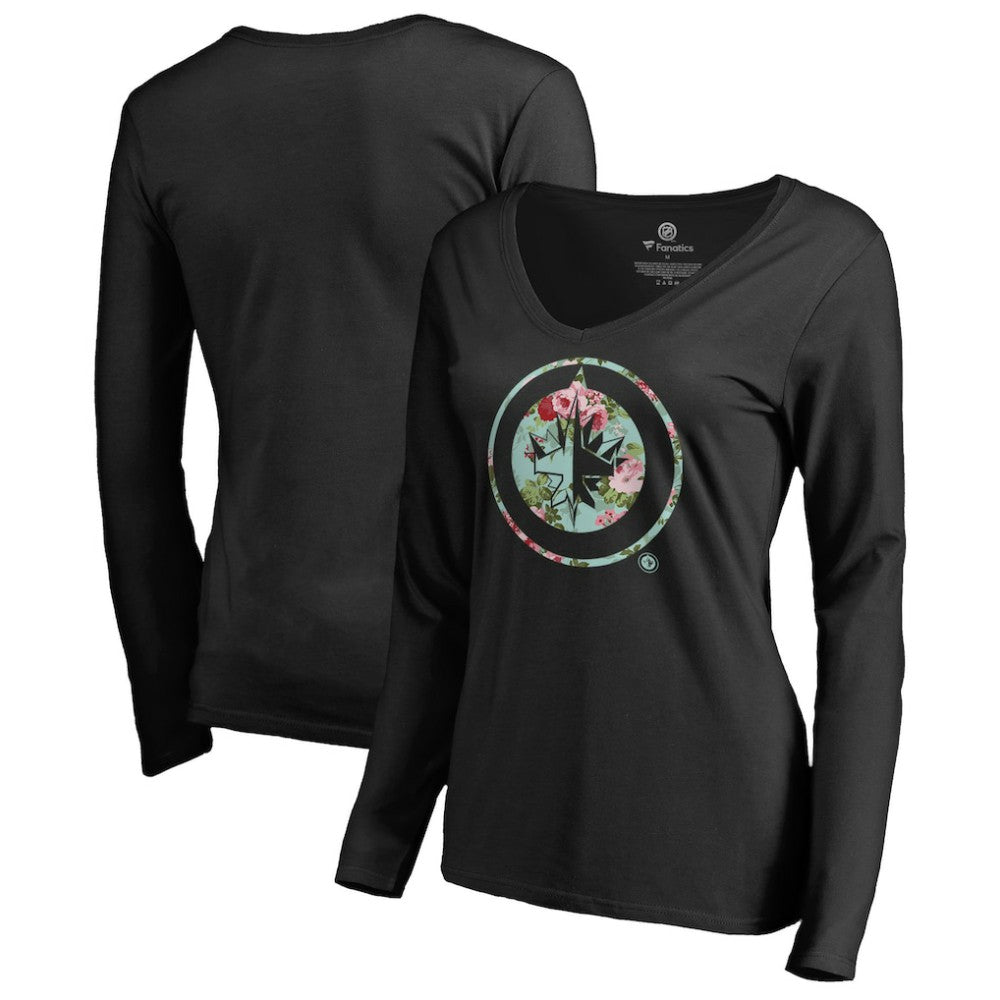 NHL Black Winnipeg Jets Women's Lovely Long Sleeve V-Neck T-Shirt