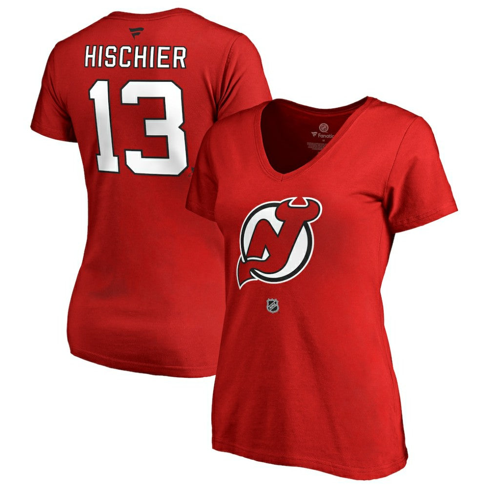 NHL Red Nico Hischier New Jersey Devils Women's Authentic Stack Name & Number V-Neck T-Shirt