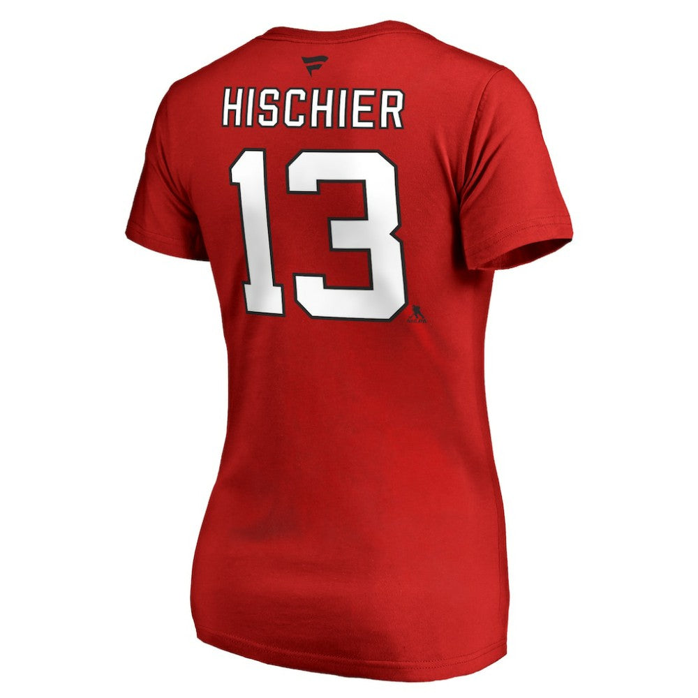 NHL Red Nico Hischier New Jersey Devils Women's Authentic Stack Name & Number V-Neck T-Shirt