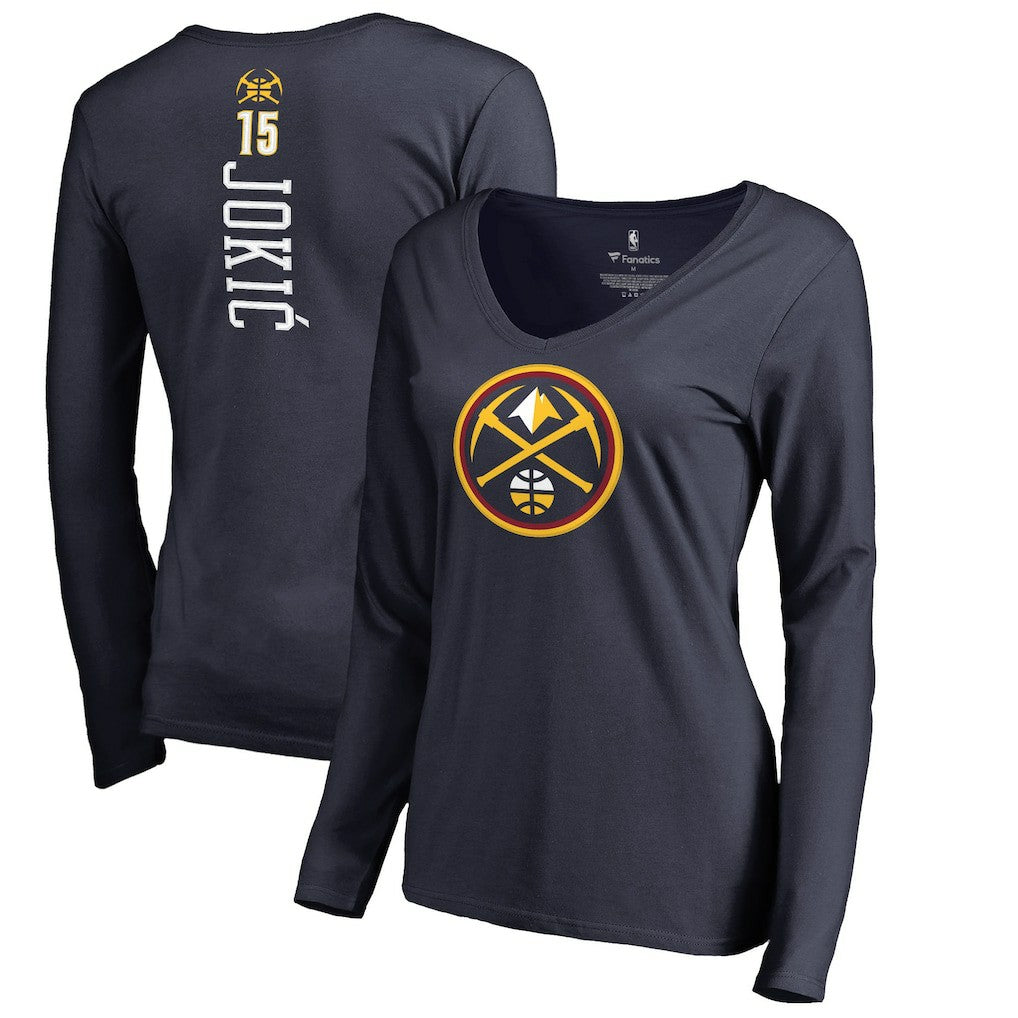 NBA Nikola Jokic Denver Nuggets Women's Team Backer Name & Number Long Sleeve V-Neck T-Shirt sale