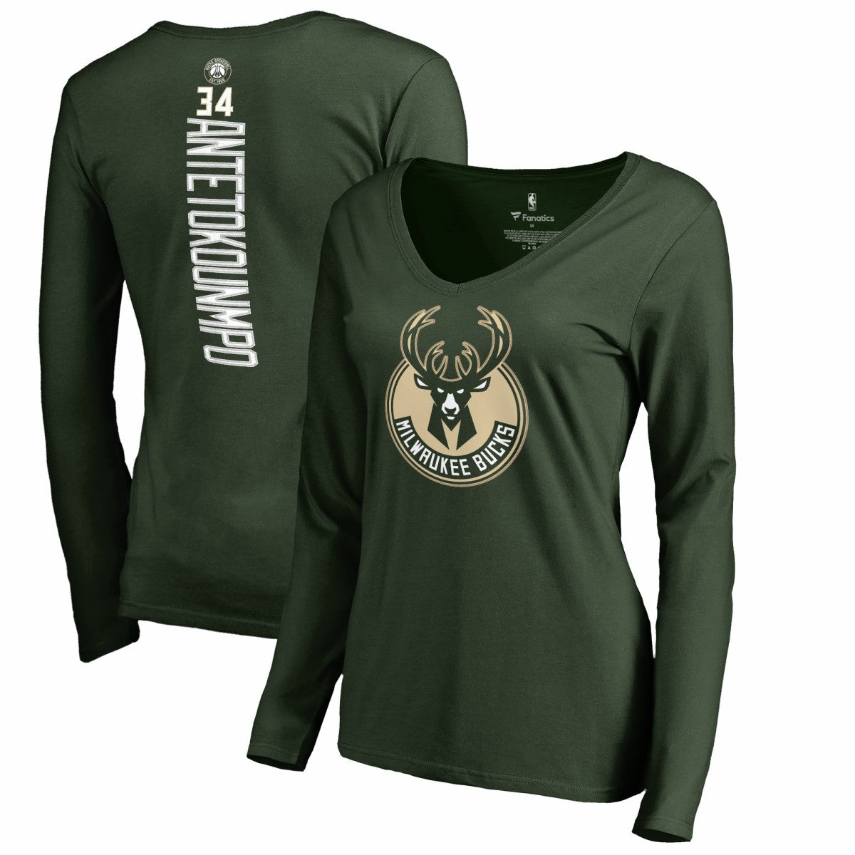 NBA Giannis Antetokounmpo Milwaukee Bucks Women's Team Backer Name & Number Long Sleeve V-Neck T-Shirt