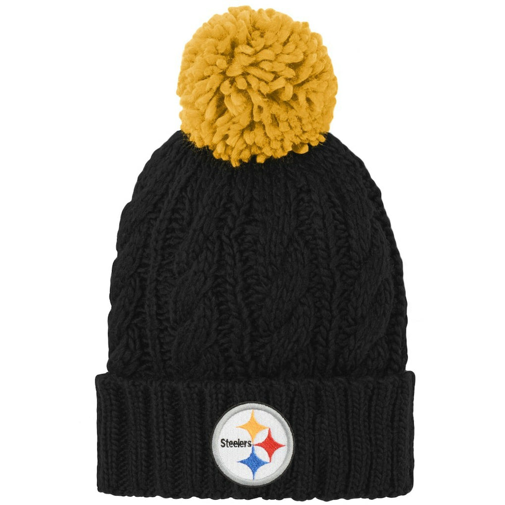 Girls Youth Team Cable Cuffed Knit Hat with Pom - Pittsburgh Steelers