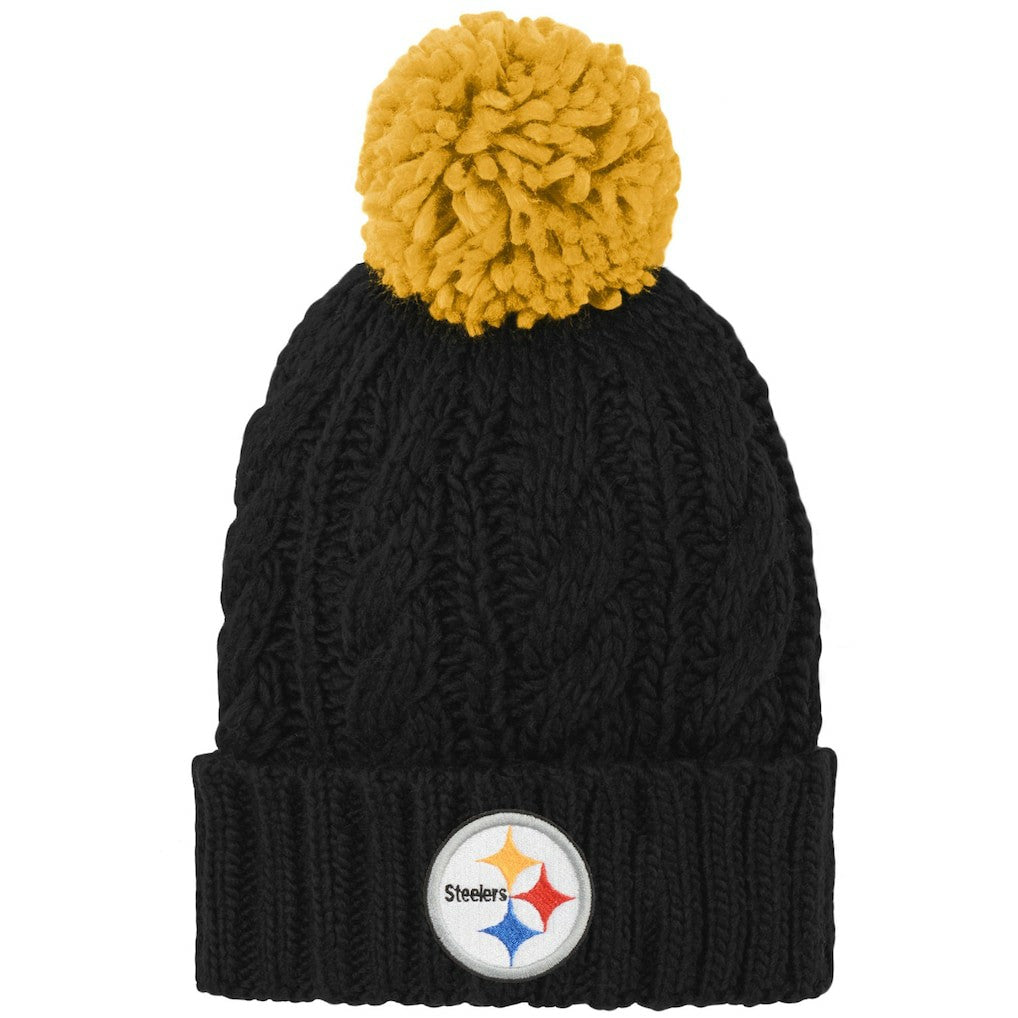 Girls Youth Team Cable Cuffed Knit Hat with Pom - Pittsburgh Steelers