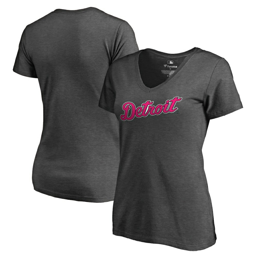 MLB Detroit Tigers Women's Pink Wordmark V-Neck T-Shirt