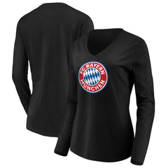 Bayern Munich Women's Logo Long Sleeve V-Neck T-Shirt -  Black