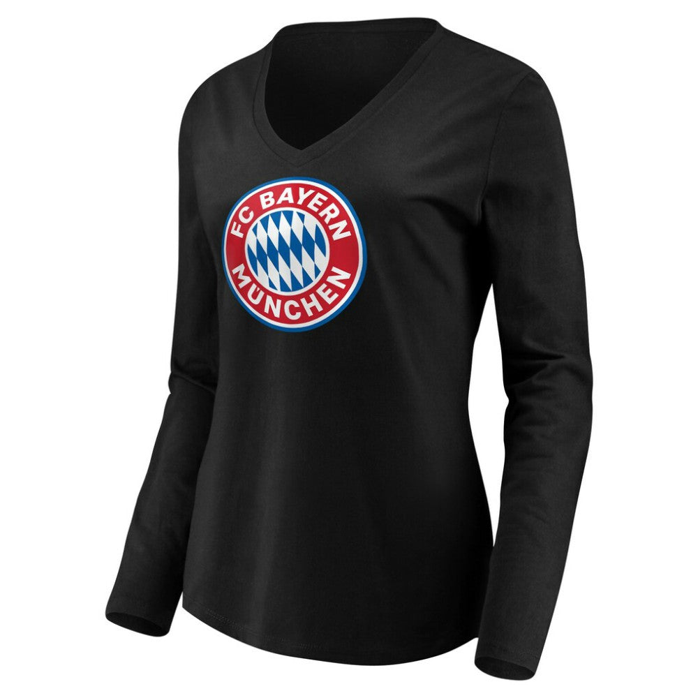Bayern Munich Women's Logo Long Sleeve V-Neck T-Shirt -  Black