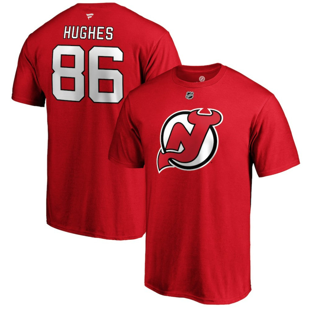 NHL Red Jack Hughes New Jersey Devils Fanatics Authentic Stack Player Name & Number T-Shirt