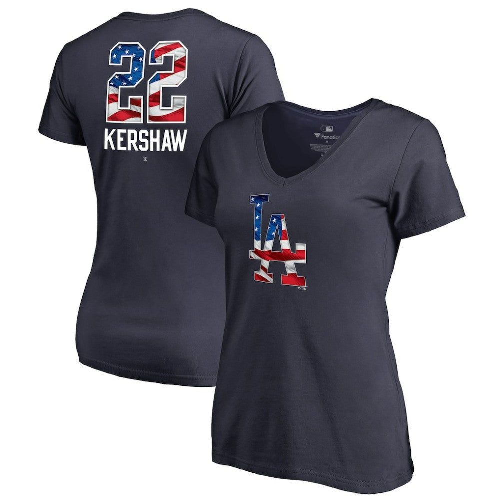 MLB Clayton Kershaw Los Angeles Dodgers Women's Banner Wave Name & Number V-Neck T-Shirt