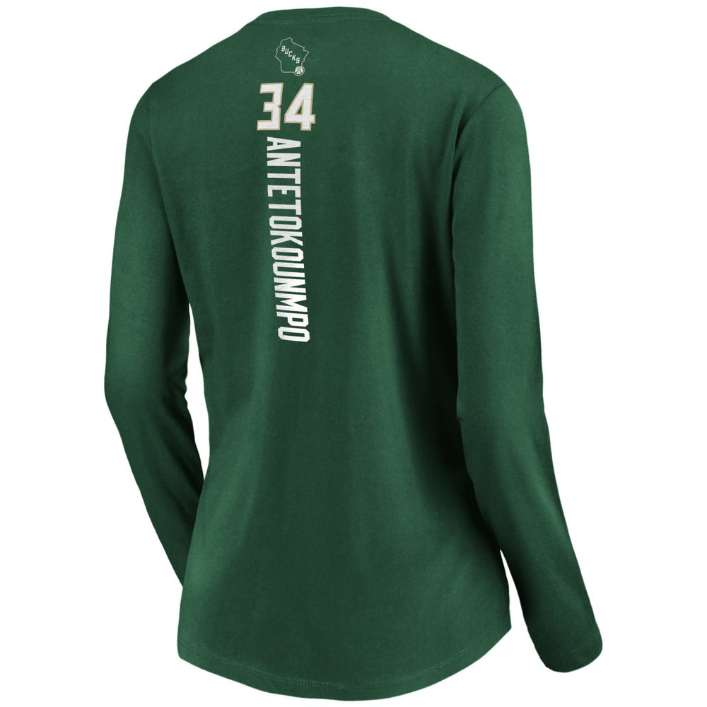 NBA Giannis Antetokounmpo Milwaukee Bucks Women's Playmaker Name & Number Long Sleeve V-Neck T-Shirt