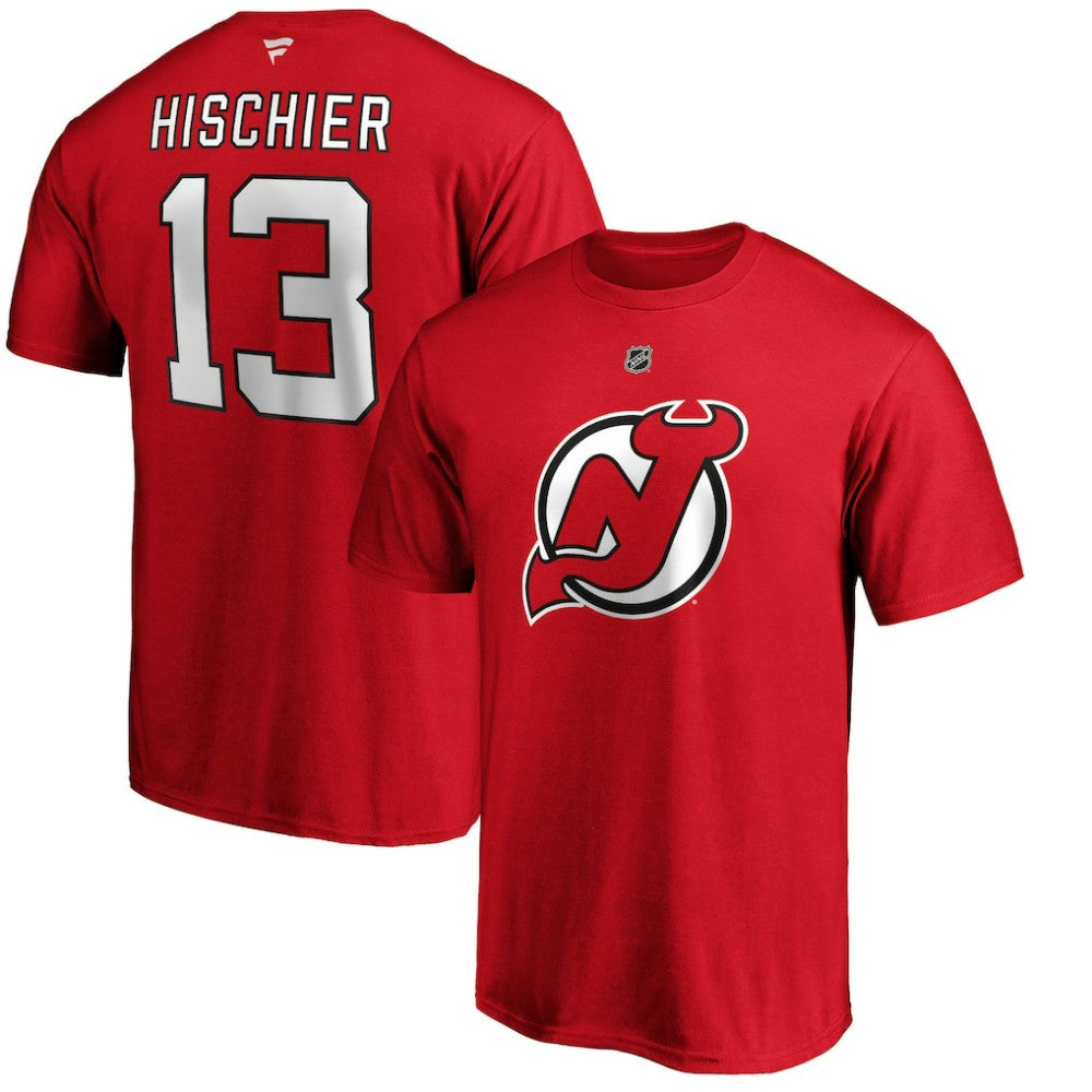 NHL Red Nico Hischier New Jersey Devils Fanatics Authentic Stack Player Name & Number T-Shirt
