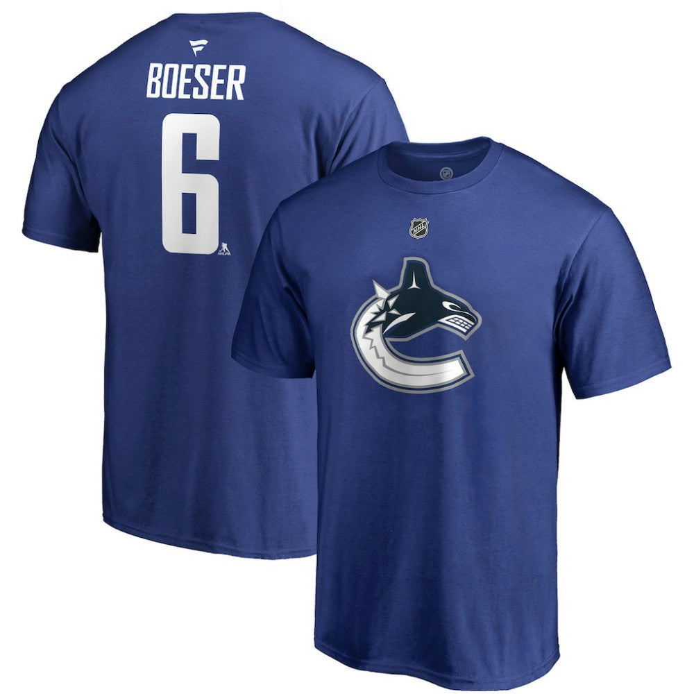 NHL Blue Brock Boeser Vancouver Canucks Fanatics Authentic Stack Player Name & Number T-Shirt