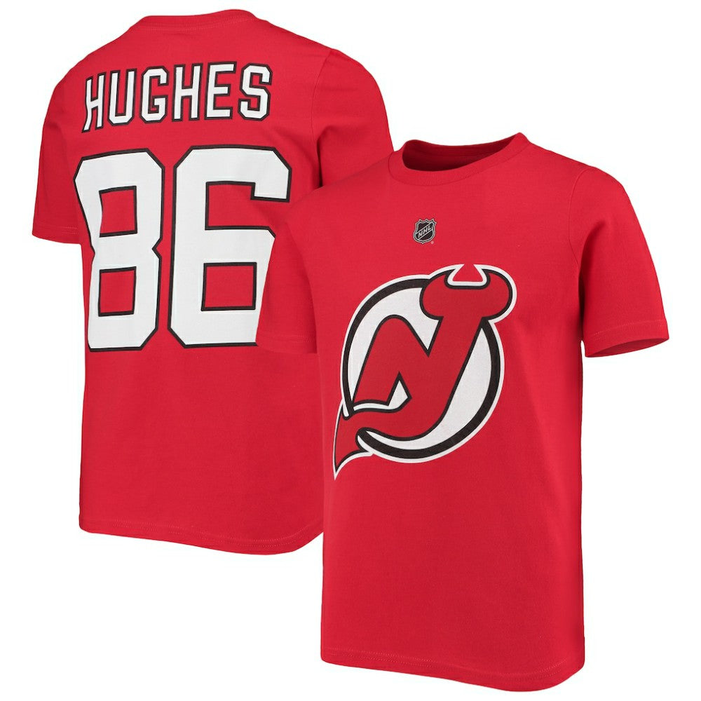 NHL Red Jack Hughes New Jersey Devils Youth Player Name & Number T-Shirt