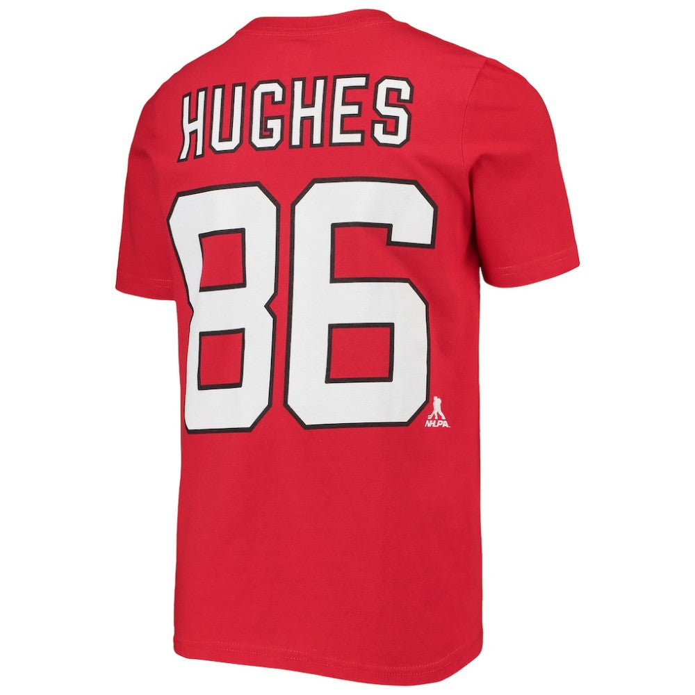 NHL Red Jack Hughes New Jersey Devils Youth Player Name & Number T-Shirt