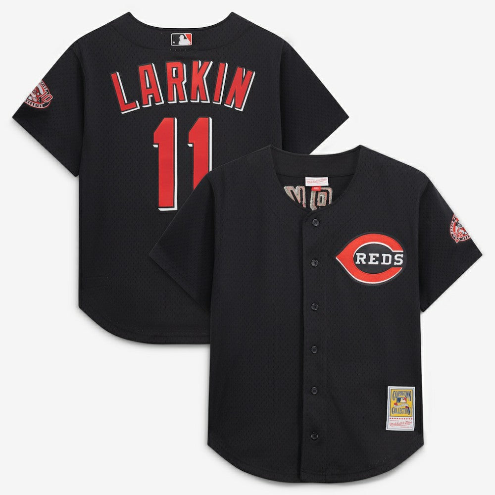 MLB Barry Larkin Cincinnati Reds Mitchell & Ness Cooperstown Collection Mesh Batting Practice Button-Up Jersey