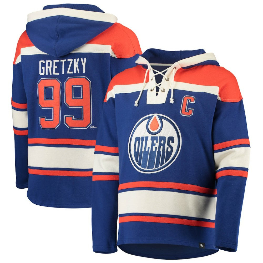 NHL Royal Wayne Gretzky Edmonton Oilers '47 Retired Player Name & Number Lacer Pullover Hoodie