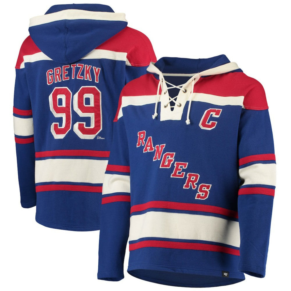 NHL Blue Wayne Gretzky New York Rangers '47 Retired Player Name & Number Lacer Pullover Hoodie