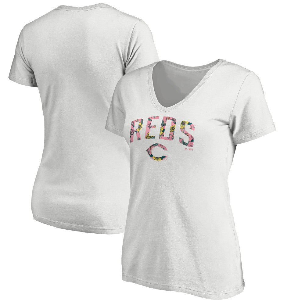 MLB Cincinnati Reds Women's Floral Arched Logo V-Neck T-Shirt