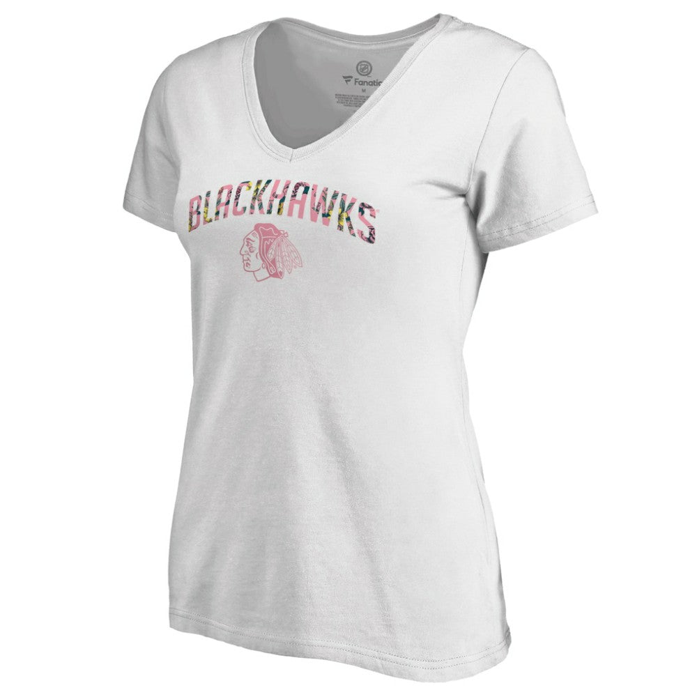 NHL White Chicago Blackhawks Women's Floral Arched V-Neck T-Shirt