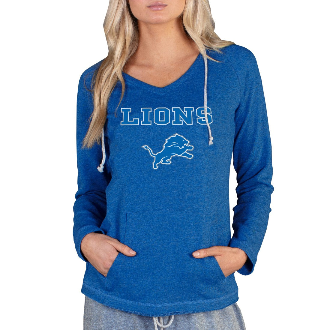 Concepts Sport Women's Mainstream Tri-Blend Raglan Hoodie V-Neck Top - Detroit Lions
