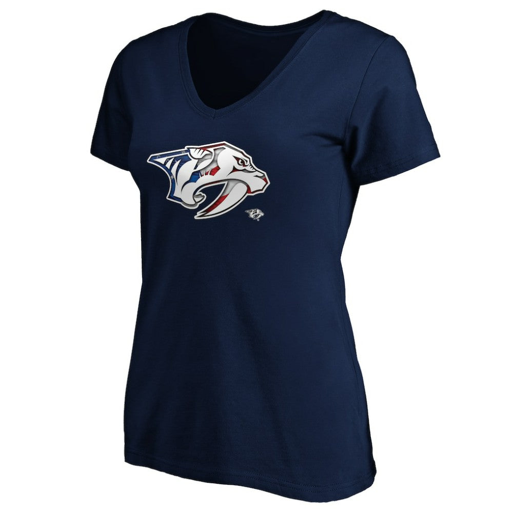 NHL Navy Nashville Predators Women's Banner Wave Logo V-Neck T-Shirt T-Shirt