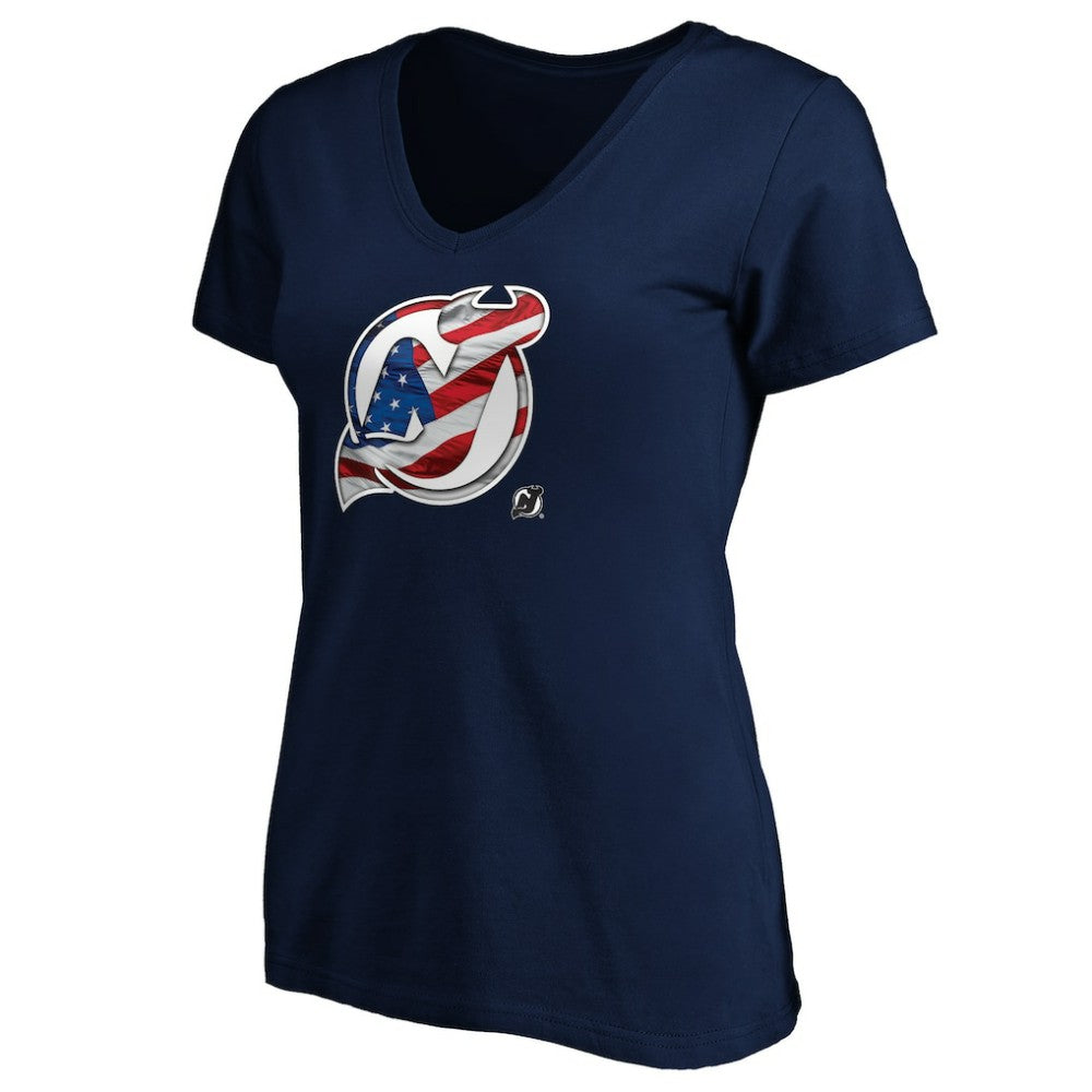 NHL Navy New Jersey Devils Women's Banner Wave Logo V-Neck T-Shirt T-Shirt