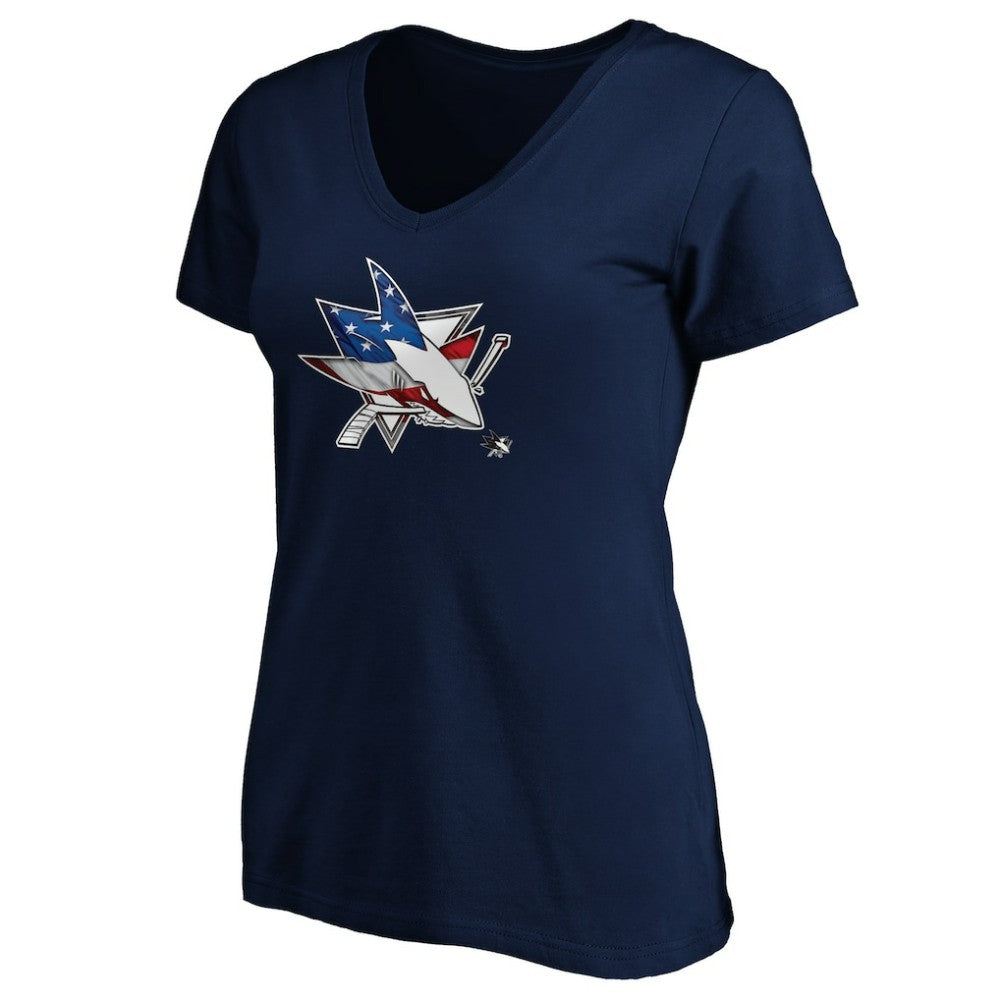 NHL Navy San Jose Sharks Women's Banner Wave Logo V-Neck T-Shirt T-Shirt