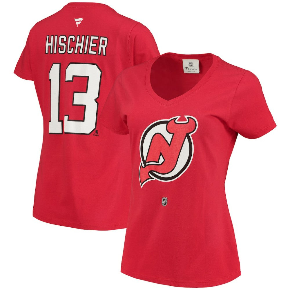 NHL Red Nico Hischier New Jersey Devils Fanatics Women's Name & Number Logo V-Neck T-Shirt