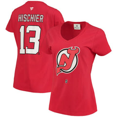 NHL Red Nico Hischier New Jersey Devils Fanatics Women's Name & Number Logo V-Neck T-Shirt