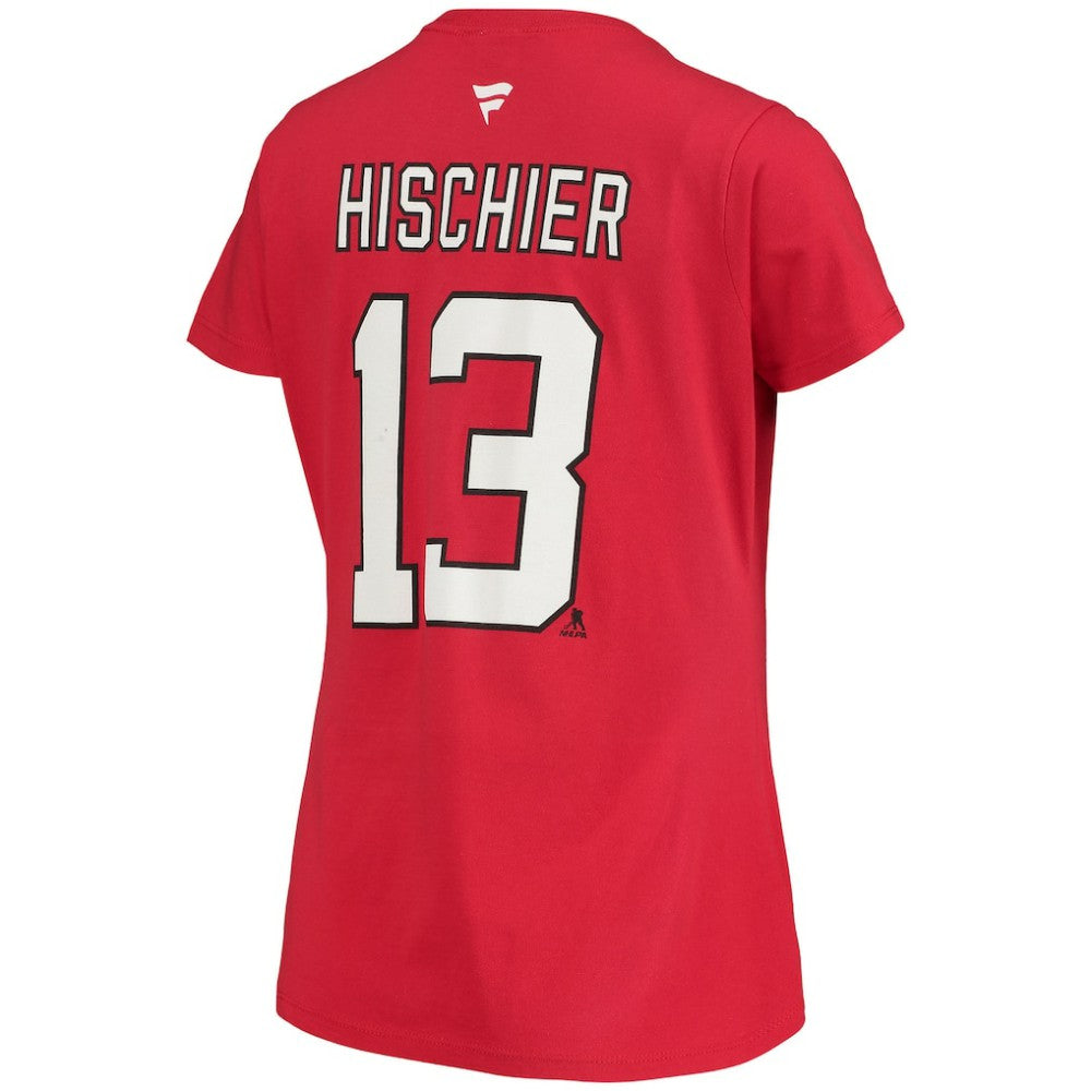 NHL Red Nico Hischier New Jersey Devils Fanatics Women's Name & Number Logo V-Neck T-Shirt