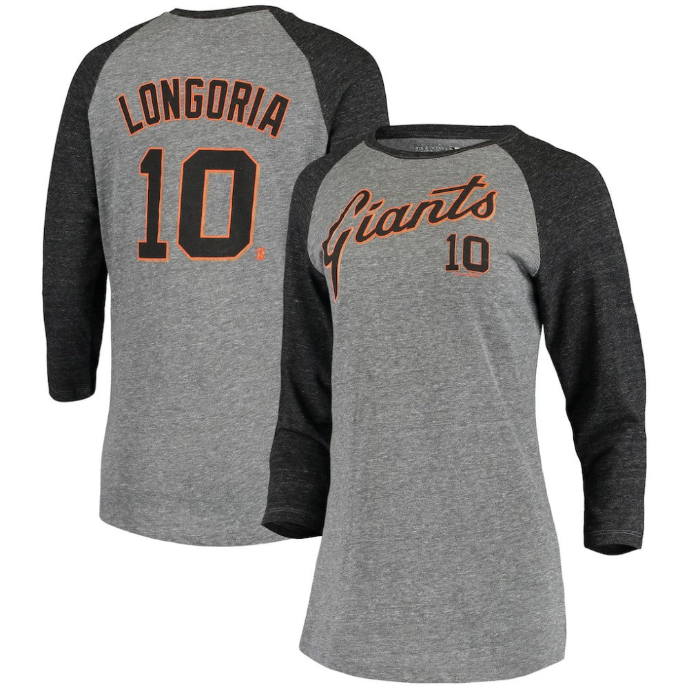 MLB Evan Longoria San Francisco Giants 5th & Ocean by New Era Women's Script Name & Number Raglan Tri-Blend 3/4-Sleeve T-Shirt