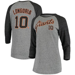 MLB Evan Longoria San Francisco Giants 5th & Ocean by New Era Women's Script Name & Number Raglan Tri-Blend 3/4-Sleeve T-Shirt