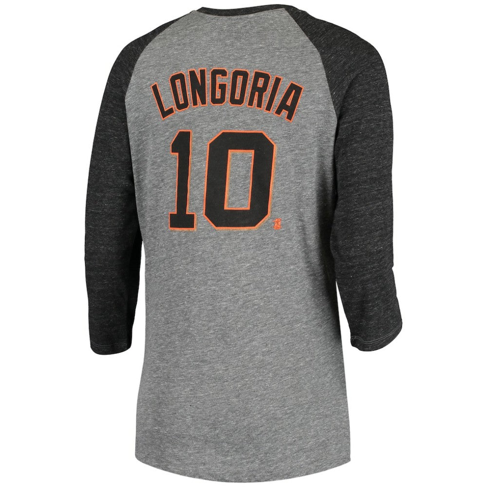 MLB Evan Longoria San Francisco Giants 5th & Ocean by New Era Women's Script Name & Number Raglan Tri-Blend 3/4-Sleeve T-Shirt