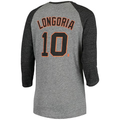 MLB Evan Longoria San Francisco Giants 5th & Ocean by New Era Women's Script Name & Number Raglan Tri-Blend 3/4-Sleeve T-Shirt
