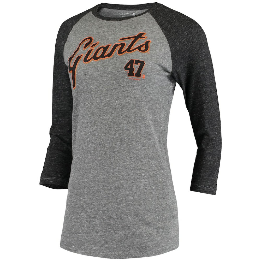 MLB Johnny Cueto San Francisco Giants 5th & Ocean by New Era Women's Script Name & Number Raglan Tri-Blend 3/4-Sleeve T-Shirt