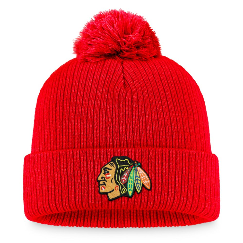 NHL Red Chicago Blackhawks Fanatics Primary Logo Cuffed Knit Hat with Pom