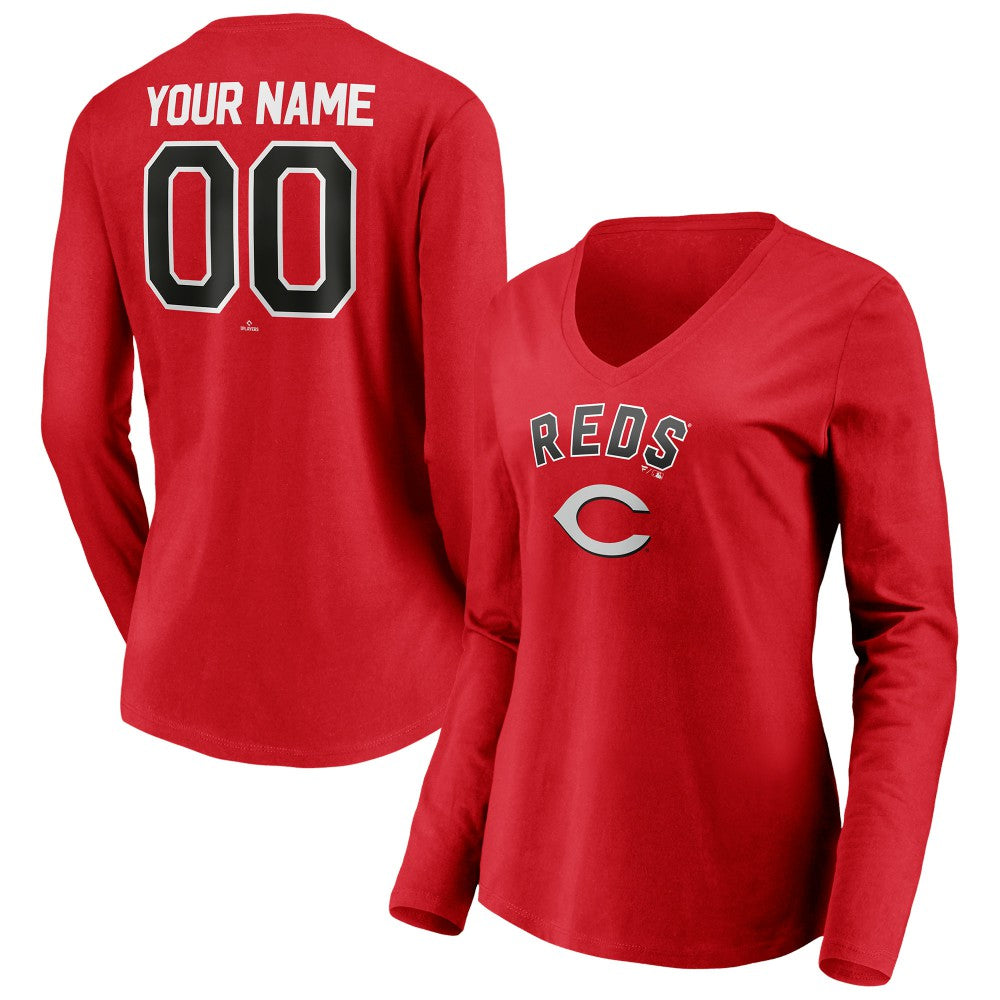 MLB Cincinnati Reds Women's Personalized Winning Streak Name & Number Long Sleeve V-Neck T-Shirt