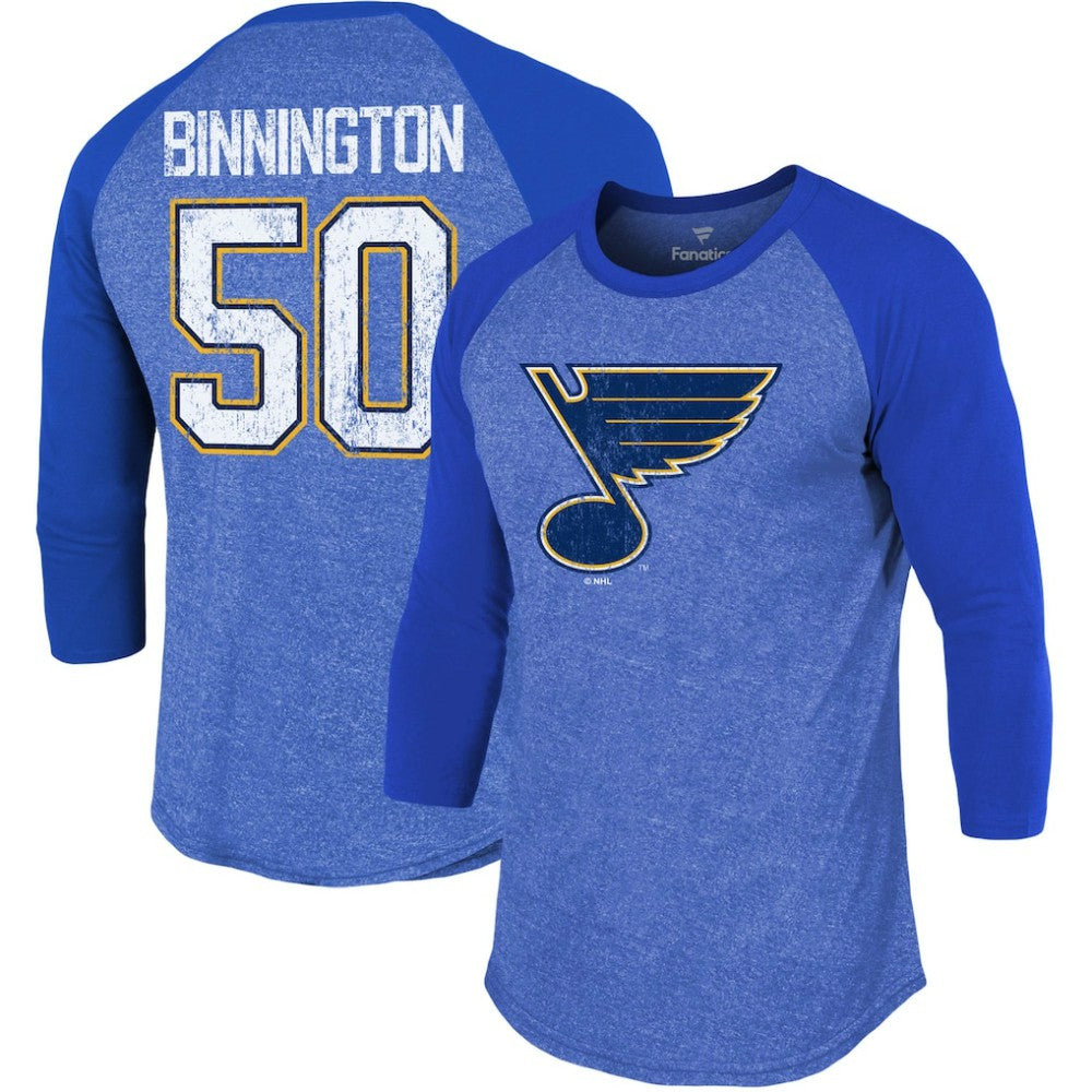 NHL Blue Jordan Binnington St. Louis Blues Fanatics Name & Number Tri-Blend Raglan 3/4-Sleeve T-Shirt
