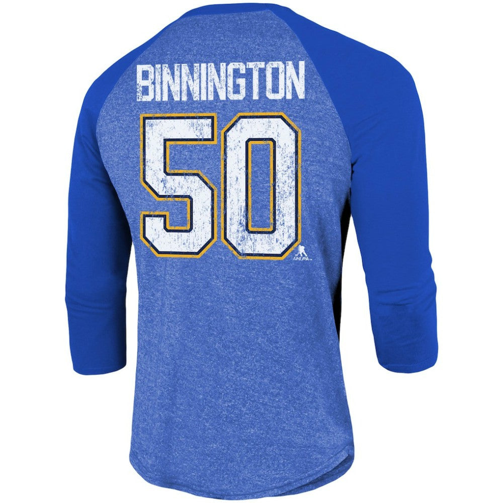 NHL Blue Jordan Binnington St. Louis Blues Fanatics Name & Number Tri-Blend Raglan 3/4-Sleeve T-Shirt