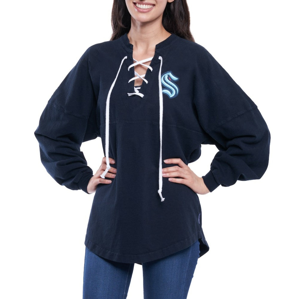 NHL Navy Seattle Kraken Fanatics Women's Lace Up Long Sleeve Spirit Top