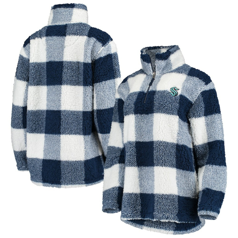 NHL Deep Sea Blue/White Seattle Kraken G-III 4Her by Carl Banks Women's Plaid Sherpa Quarter-Zip Jacket