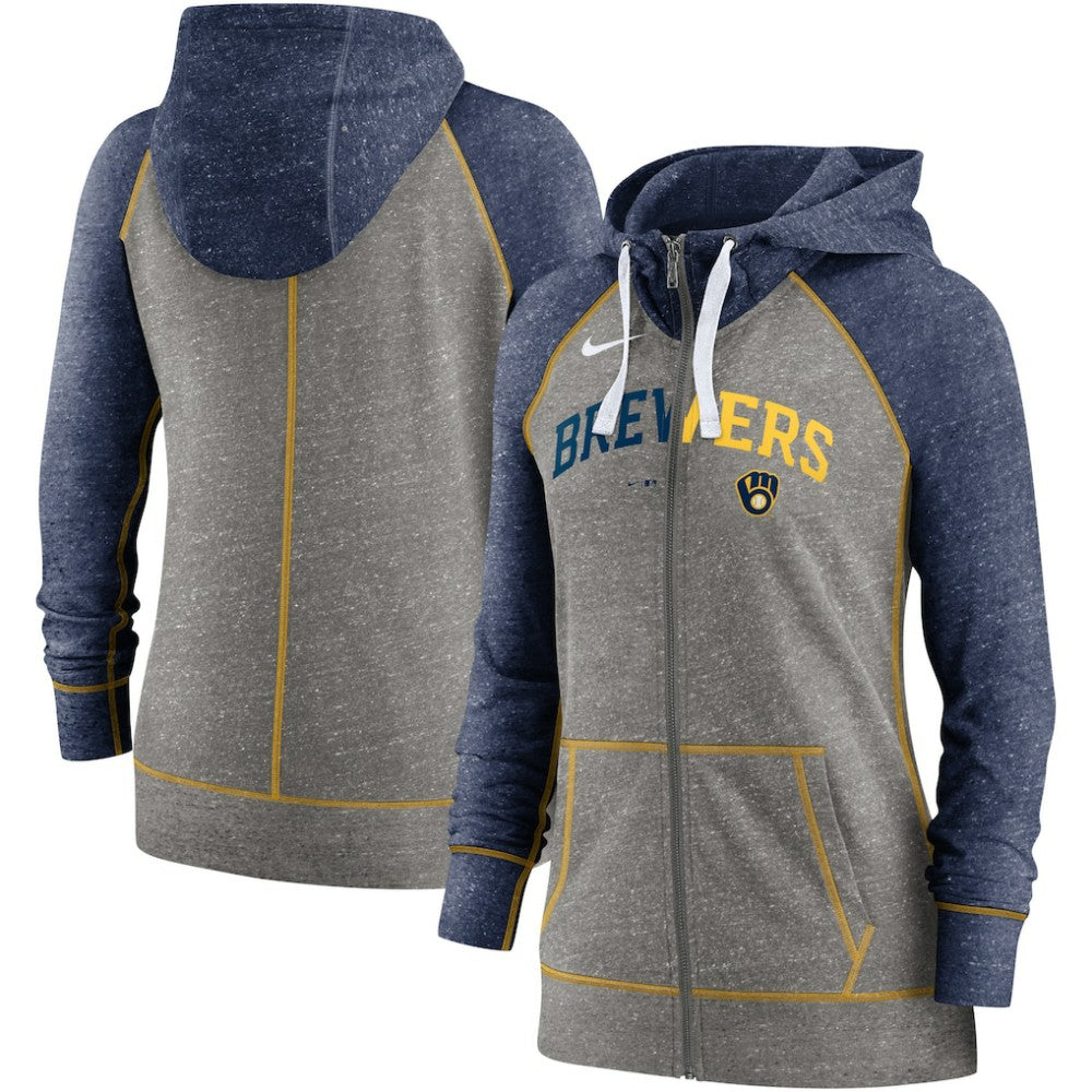 MLB Milwaukee Brewers Nike Women's Split Wordmark Gym Vintage Raglan Lightweight Full-Zip Hoodie
